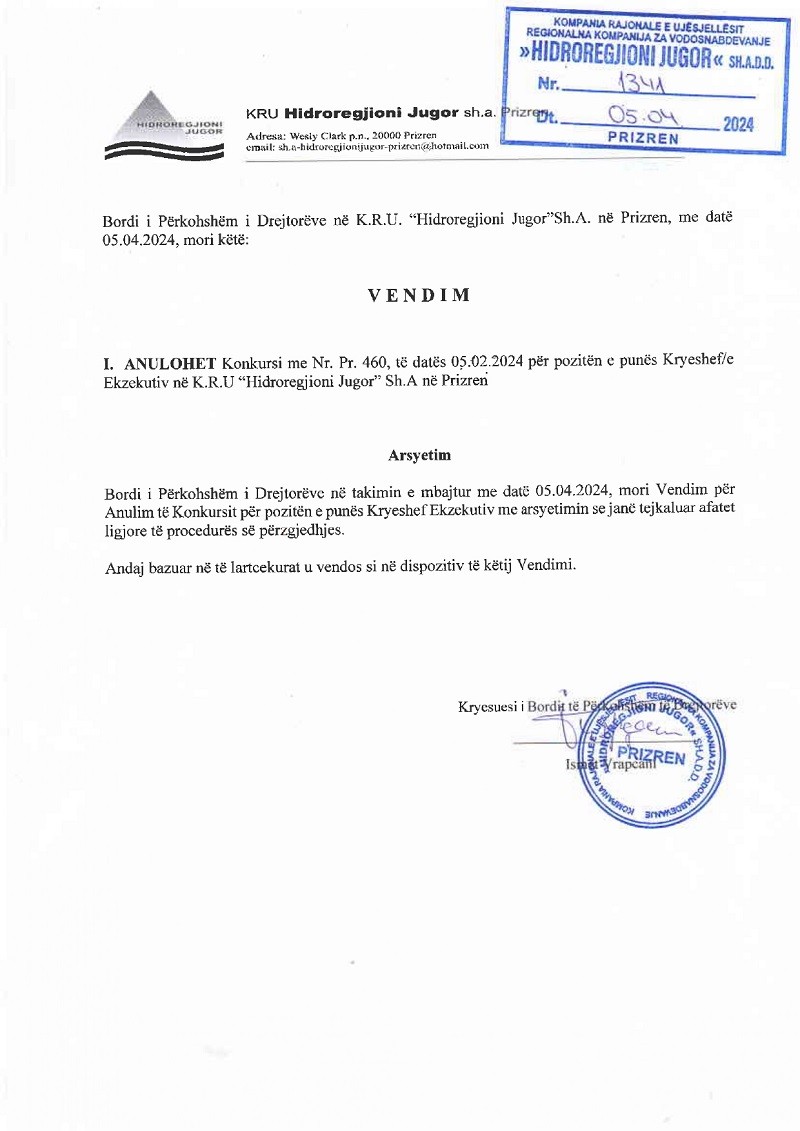 Anulim i konkursit "Kryeshef Ekzekutiv"
